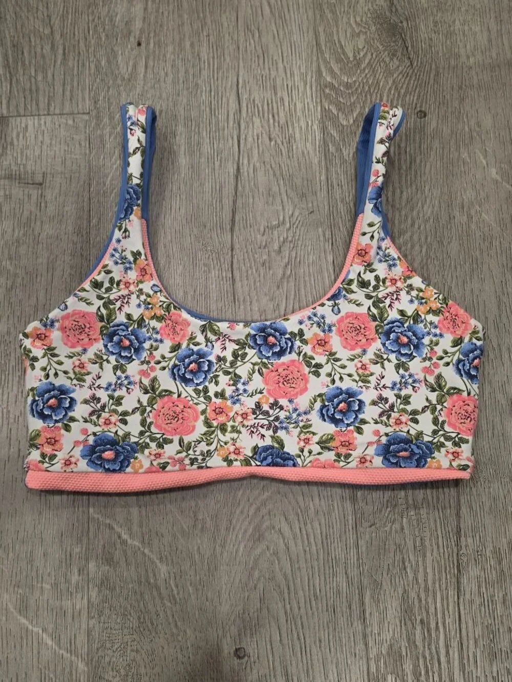 Floral & Striped Reversible Sports Bra - Pink Blue & White - Size S - Stretchy &